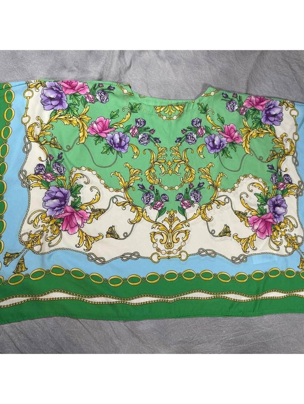 Belle by Kim Gravel Green Baroque Floral Scarf Print Kaftan Poncho Top, shawl